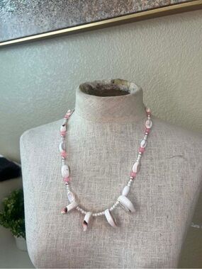 Vintage Natural Sliced Sea Shell Necklace Pink Pearl Beaded Coastal Beach Boho